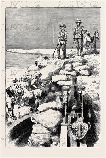 THE WAR IN EGYPT: SIR GARNET WOLSELEY AND THE DUKE OF TECK WATCHING THE DEMOLITION OF ONE OF ARABI'S DAMS ON THE SWEET WATER CANAL