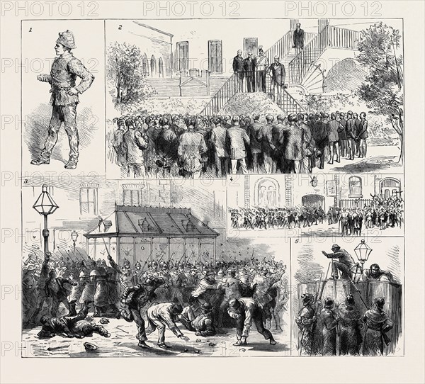 THE DUBLIN POLICE STRIKE: 1. A Usurper; 2. The Lord Lieutenant Addressing the Special Constables from the Steps of the Castle Garden; 3. In Sackville Street: Soldiers Charging the Mob with Fixed Bayonets; 4. Soldiers Taking Possession of Store Street Police Station; 5. Street Orators Forcibly Dislodged