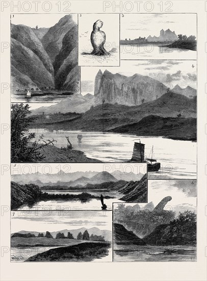 THE COLQUHOUN-WAHAB EXPEDITION THROUGH CHINA, SCENES ON THE CANTON RIVER: 1. In the Shau-Hing Gorge: "The Expectant Wife."; 2. Enlarged Sketch of "The Expectant Wife."; 3. View of the Pak-Shik-Shan, or "White Stone Mountain," from Tai-Wong; 4. Another View of the Pak-Shik-Shan at a Distance of Twenty Miles; 5. View at Daybreak from Mong-Kong; 6. "The Detained Husband," Near Tsun-Pan-Hill; 7. Rugged Isolated "Needled" Limestone Peaks Near Kwei-Yuen