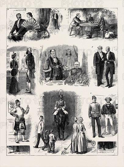 RETURN OF THE TROOPS FROM EGYPT: 1. Lady Gushington "I have been so longing for a tÃƒÂ¨te-ÃƒÂ¡-tÃƒÂ¨te. I have heard you have done the most heroic things. Do tell me all, from the beginning"; 2. "Tim, the Saxon would have looked mane an' he hadn't been there." "Thrue for ye."; 3. "Their complexions look hawful, I think, Mr. Plush. Hothers may think so or not." " Ya-as, Barton, they do look rather rough, a trifle coarse, you know."; 4. Splendid Misery: "General Fitzfague may be an excellent man. I don't say he is not, 'Eaven forbid but WE know if the gallant officer, who honours us by accepting our humble hospitality, a-a-and the SWORD which we flatter -a-a- had not been there, the right man in the right place -a-a- events MIGHT have been different."; 5. "My son."; 6. "England expected every man to do his duty, and, of course, was not disappointed."; 7. "I think Hegypt's made 'im look more 'andsome." "Yes, and more 'aughty."; 8. "Noo, I winder whether Sir Garnet really likes cauld tea b...