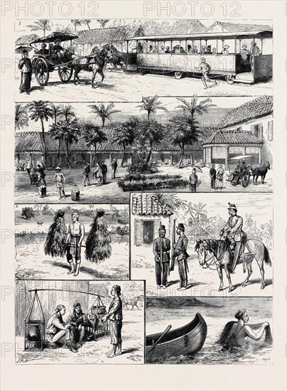 SCENES IN BATAVIA, ISLAND OF JAVA: 1. Tram-Car and Native Passenger Cart; 2. The Courtyard of an Hotel; 3. A Native Hawking Grasses for Sale; 4. An Officer Taking his Evening Ride; 5. Natives at their Evening Meal; 6. A Native Fisherman