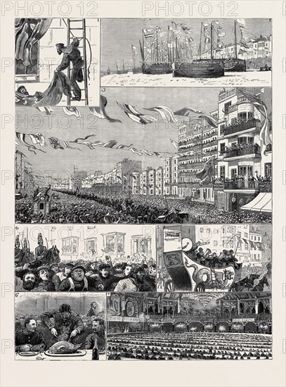 THE RETURN OF THE TROOPS FROM EGYPT, RECEPTION OF THE FOURTH DRAGOON GUARDS BRIGHTON: 1. Coast Guards Hanging Bunting; 2. The Fishermen's Tribute; 3. The Procession in the King's Road; 4. The Saline Guard; 5. The Town Band at the End of the Procession; 6. Assaulting Turkey; 7. The Banquet