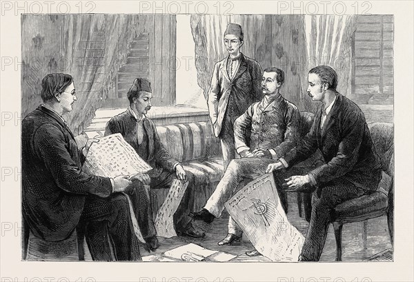 THE APPROACHING TRIAL OF ARABI, THE FINDING OF THE IMPORTANT PAPERS: AN INTERVIEW BETWEEN MR. BROADLEY AND ARABI'S SON; Mr. A.M. Broadley (FIRST FROM LEFT); Mr. Evans (Interpreter) (FOURTH FROM LEFT); The Hon. Mark Napier (FIFTH FROM LEFT)