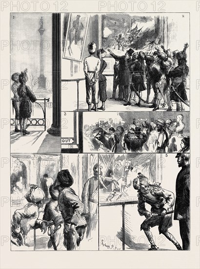 OUR INDIAN VISITORS IN LONDON, AT THE NATIONAL GALLERY: 1. On the Finest Site in Europe; 2. The Commander-in-Chief, General Sir F.P. Haines, as Cicerone: Before the Pictures of General Ligonier and the Death of Major Pierson; 3. Giving Them a "Leg Up."; 4. Before an Etty: "Jeldee Jao!"; 5. "He Grasps the Subject."