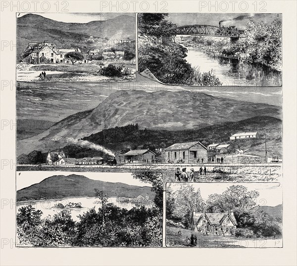 THE NEW ABERFOYLE RAILWAY, SCOTLAND: 1. Aberfoyle, Showing the Bailie Nicol Jarvie Inn and the Clachan; 2. New Bridge Over the River Forth; 3. The New Railway Station, Aberfoyle; 4. Loch Achray and Ben Venue; 5. Gartartan Cottage, near Aberfoyle