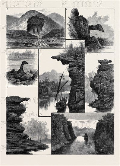 THE COLQUHOUN EXPEDITION THROUGH SOUTHERN CHINA, SCENES ON THE CANTON RIVER: 1. A Rock Near Nan-Ning being Undermined by a Stream; 2. Dog's Nose Rock; 3. Passing Under a Cliff; 4. Swan-Neck Rock in the Nine Swans' Gorge; 5. Demon Dog Rock; 6. Crocodile Point; 7. View up the Rocky Gorge Leading to Ha-ngan