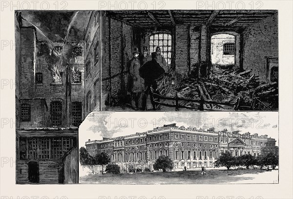 THE FATAL FIRE AT HAMPTON COURT PALACE: 1. The Burning of Mrs. Crofton's Rooms; 2. Prince Leopold Inspecting the Room where Mrs. Lucas was Suffocated; 3. Garden Front of the Palace