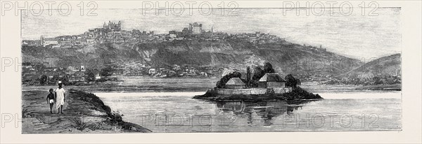 ANTANANARIVO FROM THE QUEEN'S ISLAND, SHOWING THE QUEEN'S PALACE ON THE TOP OF THE HILL, AND HER SUMMER PALACE ON THE ISLAND IN THE LAKE, MADAGASCAR