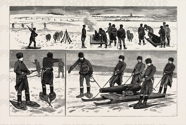 SHAM-FIGHT ON SNOW-SHOES NEAR QUEBEC, CANADA: 1. Field Guns Opening Fire on Skirmishers. 2. Close Quarters. 3. Bringing a Field Gun into Action