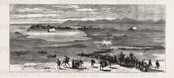 THE REBELLION IN THE SOUDAN (SUDAN): AN ENGLISH WAR-VESSEL FIRING FROM THE PORT OF SUAKIM UPON THE REBELS THREATENING THE TOWN
