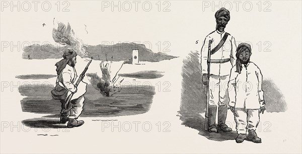THE REBELLION IN THE SOUDAN (SUDAN), THE MATERIAL WITH WHICH BAKER PASHA WAS EXPECTED TO DEFEAT THE REBELS: 4. Startling Result: The Bullet Hits the Ground Ten Yards Off. 5. The Day of Excitement is Too Much for Him; He Takes a Drop Too Much, and Passes the Night in the Guard-Room.