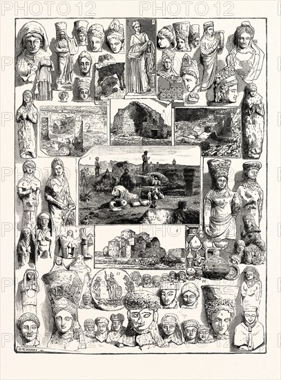 CYPRIOTE ANTIQUITIES DISCOVERED AT THE TEMPLE OF ARTEMIS, AT ACHNA AND AT SALAMIS: 1. This Illustration and the Busts and Figures Bordering the Page Show Different Types of the Goddess Artemis from the Temple at Achna. 2. Part of Mosaic Picture in the Exedra, or Recreation Hall, of a Graeco-Roman Bath Discovered at Salamis. 3. Mosaic Pavement of the Exedra. 4. The Exedra. 5. General View of the Bath. 6. Chapel of St.Barnabas, Near Salamis. 7. View of the Excavations at Salamis. 8. Exterior of the Church and Monastery of St. Barnabas. 9. Stone Perfume Vessels Representing Hécate Trimorphos, Found in the Temple of Artemis. 10. Fragments of Rare Sacred Vessels from the Temple: (a) Stone Perfume Vessel; (b) Ancient Lamp; (c) Atys' Sacred Pine Tree ; (d) Vessels Dedicated to Atys. 11. Bronze Mirror of Athene, from the Bath at Salamis.