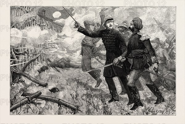 GORDON IN CHINA, 1863 - 4, LEADING THE "EVER VICTORIOUS ARMY": "The officers of his force were brave men enough, but were not always ready to face their desperate antagonists. Gordon, in his mild way, would take one or other of these by the arm, and lead him into the thick of the fire. ...He carried one weapon to direct his troops, he had but a little cane, and this soon won for itself the name of 'Gordon's magic wand of victory.' "