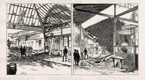 THE DISASTROUS EXPLOSION AT VICTORIA STATION, LONDON: EXTERIOR VIEW, SHOWING THE DAMAGE TO THE STATION OF THE BRIGHTON LINE (LEFT IMAGE); THE WRECKED CLOAK ROOM SEEN FROM THE BOOKING-OFFICE (RIGHT IMAGE)