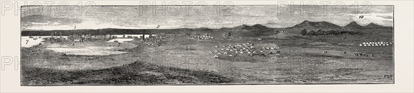 THE REBELLION IN THE SOUDAN (SUDAN): GENERAL VIEW OF SUAKIM WITH ITS FORTIFICATIONS; 1. Island of Suakim. 2. Ghef, or Native Town. 3. Fort with Four Earthworks, with Two Guns Protecting the Wells. 5. Wells Supplying the Town with Camp of the British Men-of-War. 8. Causeway Between the Island and Ghef. 9. Stores for Coal, and Lazaretto. 10. Tamanib, about fifteen miles S.W. from Suakim. 11. Road to Berber
