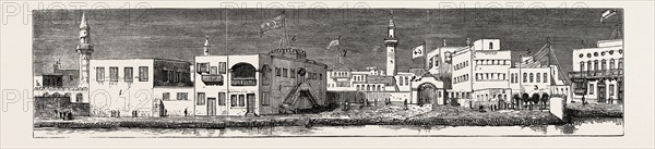 THE REBELLION IN THE SOUDAN (SUDAN): THE LANDING PLACE AT SUAKIM; 1. Governor's House. 2. Custom House. 3. Egyptian Telegraph Office. 4. The English Consulate, Residence of the Late Commander Moncrieff. 5. Turkish Telegraph Office Communicating with Djeddah Cable. 6. Post Office. 7. Greek Consulate. 8. Gate Leading to the Custom House Yard and the Yard of the Governor's House.
