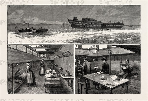 THE SMALLPOX EPIDEMIC AND THE METROPOLITAN ASYLUMS BOARD: THE "RED CROSS" NEW AMBULANCE STEAMER: 1. The "Red Cross" Carrying Patients to the Hospital Ships at Long Reach. 2 & 3. Cabins of the "Red Cross."