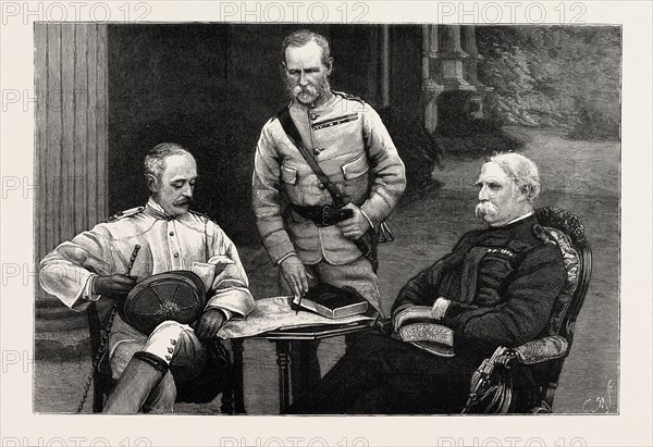 A MEETING OF THE COMMANDERS-IN-CHIEF OF THE ARMY IN INDIA: GENERAL THE HON. ARTHUR EDWARD HARDINGE, C.B., Bombay Presidency; LIEUTENANT-GENERAL SIR FREDERICK S. ROBERTS, BART., Madras Presidency; GENERAL SIR DONALD MARTIN STEWART, BART., G.C.B., C.I.E., East Indies
