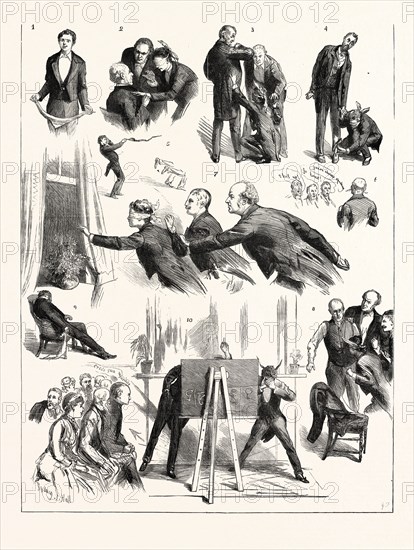 HIDE AND SEEK AT WESTMINSTER, LONDON, "THOUGHT-READING" BY MR. IRVING BISHOP; 1. Mr. Bishop,  Himself, Begs Everybody to Detect Him in Fraud, if Posssible. 2. Game 1: "Very Hot!" 3. Ditto, "Cooler." 4. Game 3: Cold." 5. Mr. Bishop Calls for "Air and Water!" 6. An "Unbelieving Thomas." 7. Game 2: Science (?) Leading Literature and Art Out of Window. 8. Science, Literature, and Art Attack Religion, and, Obliging it to Divest, Do Not Find the Pin, but Mr. Millais Finds a Long Lost Friend. 9. Mr. Bishop Power's of Contemplation Absolutely Nil. 10. The Bank Note Business; or, The Black Art on the Black Board, Frenzy of the Seer. The Chairman (Subject) Loses His Balance.