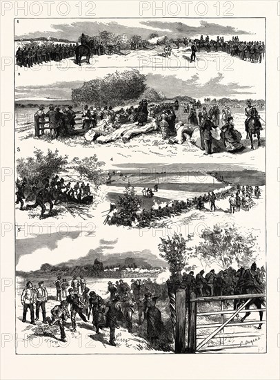 THE EASTER VOLUNTEER MANOEUVRES, WITH THE FORCES AT DOVER, UK: 1. On the Left of the Defending Force, The First Cannon Shot. 2. The Defending Force at Frith Farm. 3. The Attacking Force Pursuing the Enemy. 4. The Last Line of the Defending Force. 5. The Redoubt Repelling the Attacking Force.