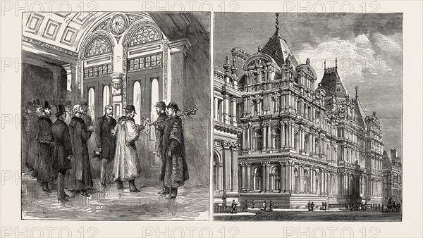 THE NEW MUNICIPAL BUILDINGS AND FREE PUBLIC LIBRARY AT LEEDS: THE MAYOR OPENING THE DOOR OF THE NEW BUILDINGS (LEFT IMAGE); THE NEW BUILDINGS (RIGHT IMAGE)