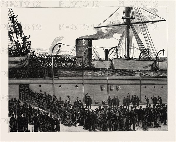 THE RECENT WAR IN THE SOUDAN (SUDAN): ARRIVAL OF THE TROOPSHIP "JUMNA" AT PORTSMOUTH WITH THE TENTH HUSSARS ON BOARD