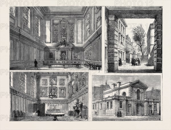 THE SALE OF SERJEANTS' INN: 1. View of the Inn through Archway looking from Chancery Lane; 2. Exterior of the Hall; 3. Interior of the Hall; 4. The "Chapel"