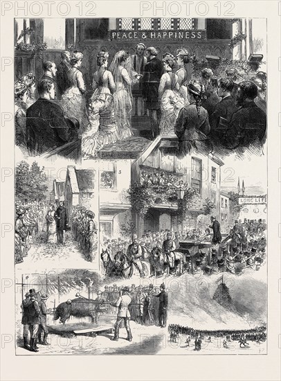 MARRIAGE IN HIGH LIFE, THE WEDDING OF LADY THEODORA GROSVENOR AND MR. T. MERTHYR GUEST: 1. The Ceremony in Motcombe Parish Church; 2. A Path of Flowers; 3. The Bride and Bridegroom at the Grosvenor Arms, Shaftesbury; 4. Roasting the Ox in the Market Place Shaftesbury; 5. The Monster Bonfire on Castle Hill