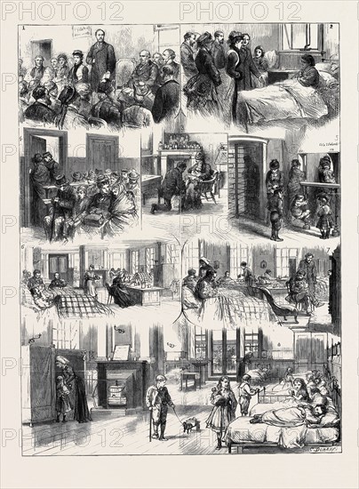 THE REOPENING OF CHARING CROSS HOSPITAL BY THE PRINCE AND PRINCESS OF WALES: 1. The Prince Declaring the Hospital Open; 2. The Princess Talking with a Patient, a Young Frenchwoman; 3. The Accident Ward; 4. The Consultation Room; 5. The Dispensing Room; 6. The Operation Room; 7. Scene in a Ward; 8. The "Alexandra" Ward for Children