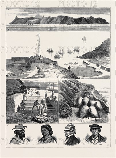 ST. HELENA: 1. View of the Island from the Sea; 2. View from Ladder Hill of the Anchorage, Signal Station, and Barracks; 3. Landing from the Mail Steamer: Heavy Rollers On; 4. Mode of Conveying Hay; 5. Types to be met with in the Streets of Jamestown