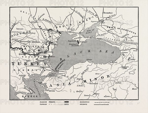 THE IMPENDING WAR, MAP OF TURKEY AND SOUTHERN RUSSIA, SHOWING THE RELATIVE POSITIONS OF THE RUSSIAN AND TURKISH ARMIES, 1877