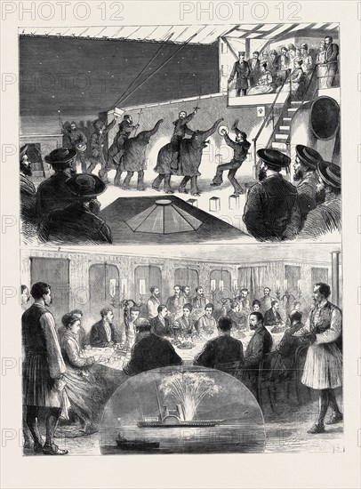 WITH THE PRINCESS OF WALES IN GREECE: 1. An Entertainment on Deck: "The March of the Mulligan Guards"; 2. Banquet given to the King and Queen of Greece on Board the "Osborne"; 3. Departure of the Royal Guests: Illumination of the "Osborne"