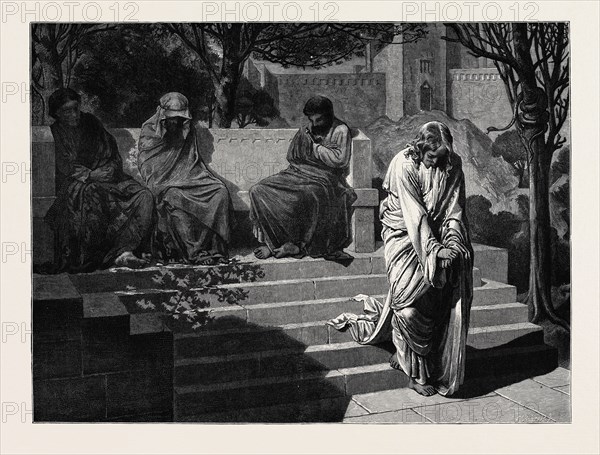 "THE GARDEN OF GETHSEMANE" FROM THE PICTURE BY JOHN S. CUTHBERT; "And He came and found them asleep again, for their eyes were heavy. And He left them, and went away again", MATT. xxvi. 43, 44