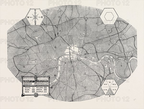 MAP OF LONDON, INDEXED HEXAGONALLY, 1870