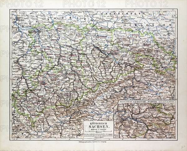 MAP OF SACHSEN, SAXONY, GERMANY, 1899