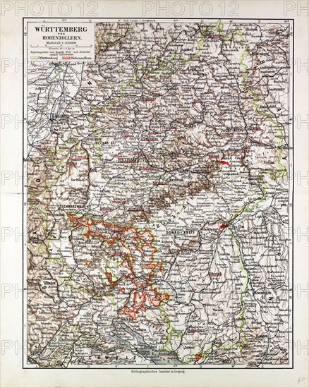 MAP OF WÃúRTTEMBERG AND HOHENZOLLERN, 1899