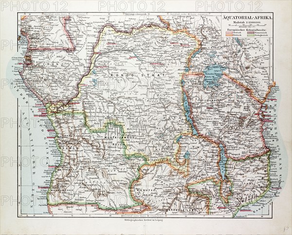 MAP OF EQUATORIAL AFRICA, THE REPUBLIC OF MOZAMBIQUE, THE REPUBLIC OF ANGOLA, UGANDA, KENYA, 1899