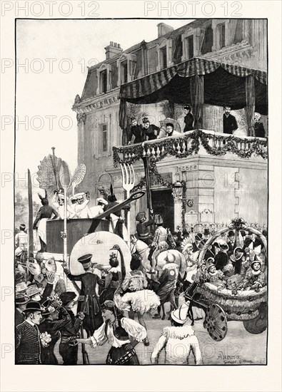 THE QUEEN AT GRASSE: BATTLE OF FLOWERS: CAVALCADE BEFORE THE GRAND HOTEL, PRINCESS BEATRICE GIVING MONEY