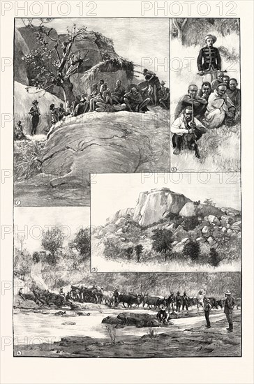 THE EXPEDITION TO MASHONALAND: 1. Banyai Fugitives on the Rocks escaping from the Matabele. 2. Natives of North Bechuanaland. 3. Ruins of Ancient Buildings on Rocks in Mashonaland. 4. Crossing a South African River.