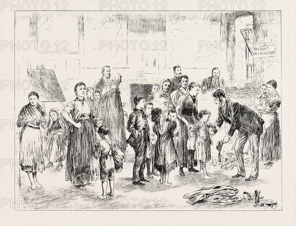 CLOTHING POOR CHILDREN IN A WEST OF IRELAND SCHOOLHOUSE.
