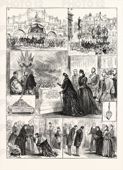 THE QUEEN AT DERBY: 1. Passing under Arch at the Corner of London and Osmaston Roads. 2. Passing the Five Lamps at the Corner of the Corn Market. 3. The Queen laying the Foundation-Stone of the New Infirmary. 4. The Casket. 5. The Trowel presented by the Architects. 6. The Queen Knighting the Mayor, Mr. A. Seale Haslam. 7. Lord Lathom Presenting the Architects to the Queen.