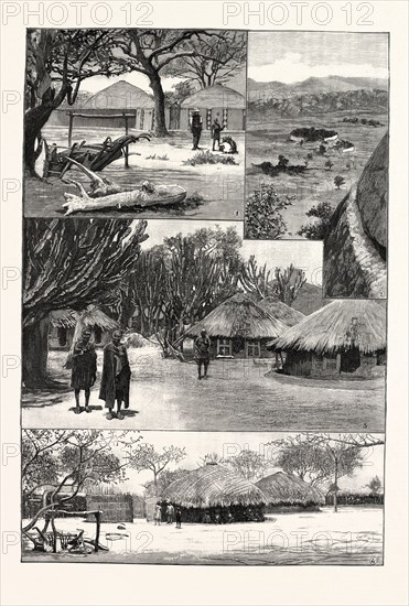 THE BRITISH SOUTH AFRICA COMPANY'S EXPEDITION TO MASHONALAND: 1. Huts of Khama, Chief of the Bamangwato, in Bechuanaland. 2. Circular Building at Zimbabye, Mashonaland, from top of hill, the plain below covered with ruins. 3. Zimonto's Kraals. 4. Khama's Huts at Palapwye, in Bechuanaland.