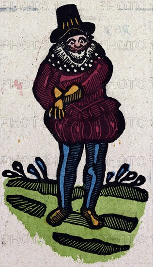 illustration of English tales, folk tales, and ballads. A man in colourful clothes reaching for something in his pocket.