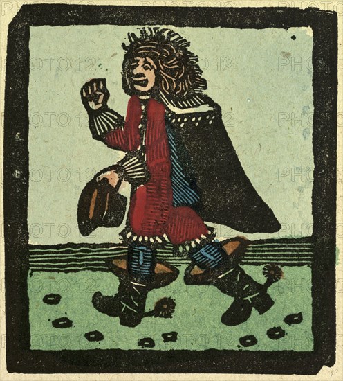 illustration of English tales, folk tales, and ballads. A man dressed in red going for a walk