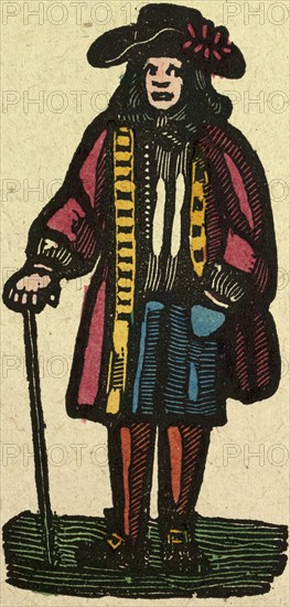 illustration of English tales, folk tales, and ballads. A man wearing colourful clothes holding a walking stick