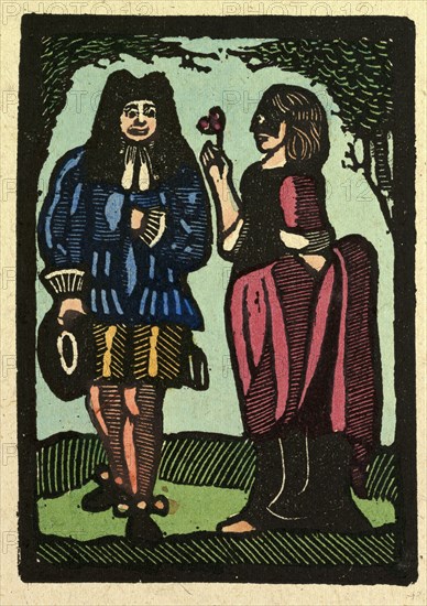 illustration of English tales, folk tales, and ballads. A woman giving a flower to a man