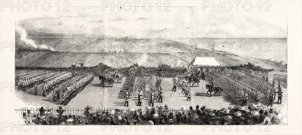 THE VOLUNTEER SHAM FGHT AT BRIGHTON ON EASIER MONDAY: VIEW FROM THE GRAND STAND, THE TROOPS MARCHING PAST