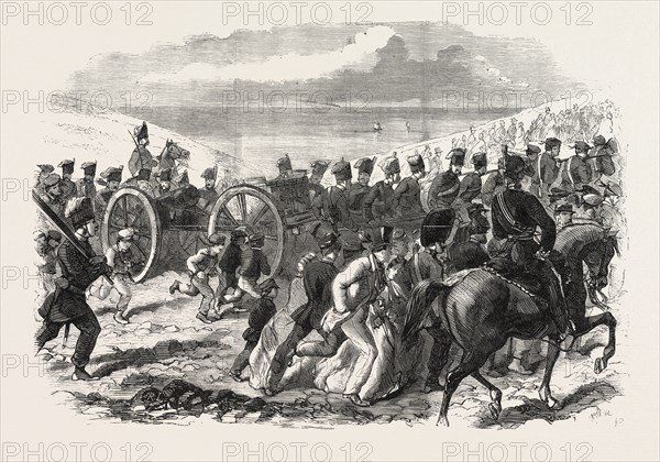 THE VOLUNTEER SHAM FIGHT AT BRIGHTON ON EASTER MONDAY: THE SUSSEX ARTILLERY ASCENDING THE DOWNS