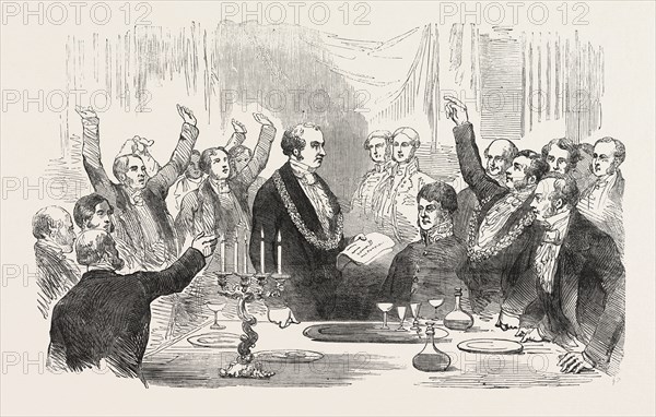 THE LORD MAYOR READING THE NEWS OF THE VICTORY ON THE ALMA, AT THE SHERIFFS' INAUGURATION DINNER, AT THE LONDON TAVERN, 1854