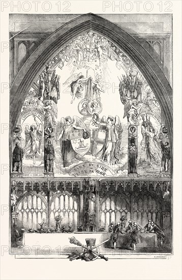 ALLEGORICAL PICTURE, BY ABSOLON AND FENTON, PAINTED FOR THE INAUGURATION DINNER OF THE LORD MAYOR, IN THE GUILDHALL, LONDON, 1854